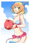  ball bare_arms bare_shoulders bikini bikini_skirt blue_sky breasts cleavage cloud collarbone commentary_request cowboy_shot day eyebrows_visible_through_hair freyja_wion green_eyes groin hair_ornament heart heart_hair_ornament highres holding kyo9999 looking_at_viewer macross macross_delta medium_breasts multicolored multicolored_bikini multicolored_clothes multicolored_hair multicolored_swimsuit navel open_mouth scrunchie short_hair side_ponytail sky solo standing swimsuit thighs two-tone_background two-tone_hair upper_teeth 
