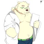  2018 anthro bear belly clothed clothing eyewear fur gid_g11 glasses hi_res male mammal moobs navel open_shirt overweight overweight_male pants polar_bear rave_(housamo) simple_background smoking solo tokyo_afterschool_summoners white_background white_fur 
