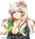  alternate_costume alternate_hairstyle bangs blonde_hair blue_eyes blue_hair blush breasts cleavage commandant_teste_(kantai_collection) commentary_request eyebrows_visible_through_hair hair_up half-closed_eyes japanese_clothes kantai_collection kimono large_breasts long_hair looking_at_viewer multicolored_hair no_bra oekaki_lemon parted_lips red_hair sash sidelocks simple_background smile solo streaked_hair twitter_username white_background white_hair yukata 