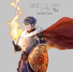  alternate_costume armor blue_eyes blue_hair cape fire fire_emblem fire_emblem:_monshou_no_nazo fire_emblem_heroes gloves headband highres krazehkai male_focus marth shield short_hair smile solo sword tiara weapon 