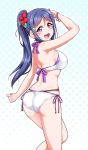  :d arm_up ass bikini blue_hair blush clenched_hand commentary_request eyebrows_visible_through_hair flower hair_flower hair_ornament halftone halftone_background halterneck looking_at_viewer looking_back love_live! love_live!_sunshine!! matsuura_kanan multiple_straps open_mouth outline ponytail purple_eyes red_flower round_teeth side-tie_bikini sidelocks smile solo star star_hair_ornament swimsuit teeth upper_teeth white_bikini white_outline yopparai_oni 