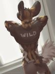  african_wild_dog anthro black_fur brown_fur canine clothed clothing detailed_background digital_media_(artwork) fur koul male mammal solo standing undressing 