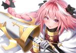  :p astolfo_(fate) bangs black_bow black_gloves black_ribbon black_shirt blurry blush bow braid commentary_request cross depth_of_field eyebrows_visible_through_hair fang fang_out fate/apocrypha fate_(series) floating_hair fur-trimmed_cloak gauntlets glint gloves hair_between_eyes hair_bow hair_intakes hair_ribbon highres holding holding_lance holding_weapon lance long_hair looking_at_viewer male_focus multicolored_hair otoko_no_ko pink_hair polearm purple_eyes ribbon shiny shiny_hair shirt sidelocks simple_background single_braid smile solo streaked_hair takatun223 tongue tongue_out turtleneck upper_body weapon white_background white_cloak white_hair 