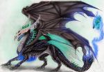  2016 black_scales blue_eyes blue_tongue claws digital_media_(artwork) dragon feral gelangweiltertoaster horn membranous_wings scales solo spines traditional_media_(artwork) wings 