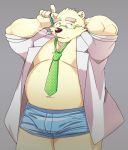  2018 anthro bear belly blush clothed clothing eyewear fur glasses launcher_r male mammal moobs navel necktie open_shirt overweight overweight_male polar_bear rave_(housamo) smoking solo tokyo_afterschool_summoners underwear white_fur 