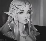  artist_name banned_artist commentary earrings english_commentary eyelashes greyscale jewelry lips long_hair looking_at_viewer monochrome necklace nose parted_lips paul_kwon pointy_ears portrait princess_zelda solo the_legend_of_zelda tiara triforce upper_body 