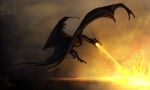  2016 ambiguous_gender black_scales digital_media_(artwork) dragon fire gelangweiltertoaster hi_res horn membranous_wings open_mouth scales solo spines teeth wings wyvern yellow_eyes 