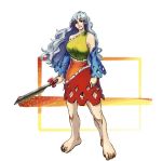  arms_at_sides bare_shoulders barefoot bow collarbone commentary_request detached_sleeves dress eyebrows_visible_through_hair fuchino hatchet head_tilt holding long_hair looking_at_viewer medium_dress multicolored multicolored_clothes multicolored_dress red_eyes sakata_nemuno silver_hair single_strap smile solo toes touhou very_long_hair wavy_hair 