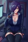  blue_hair breasts cyborg formal garter_straps green_eyes hair_over_one_eye highres long_hair looking_at_viewer mechanical_arm mole mole_on_breast office_lady original panties pencil_skirt prosthesis pubic_hair scar see-through shirt short_hair skirt solo standby suit underwear 