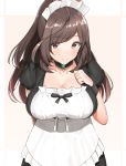  alternate_costume apron bangs black_choker black_dress breasts brown_eyes brown_hair choker dress enmaided eyebrows_visible_through_hair frills from_above hand_on_own_chest highres idolmaster idolmaster_shiny_colors large_breasts long_hair looking_at_viewer maid maid_apron maid_headdress nnoelllll ponytail puffy_short_sleeves puffy_sleeves short_sleeves smile solo swept_bangs tsukioka_kogane waist_apron wristband 
