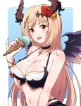  bare_shoulders blush breasts brown_hair character_request choker cleavage collarbone dark_angel_olivia eyebrows_visible_through_hair flower food futami_(mg42fw190d) granblue_fantasy hair_flower hair_ornament highres ice_cream ice_cream_cone large_breasts long_hair looking_at_viewer nail_polish parted_lips pink_nails red_eyes smile solo swimsuit tongue tongue_out twitter_username upper_body very_long_hair wings 
