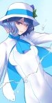  ban blue_background blue_eyes blue_hair border capelet commentary covered_navel dutch_angle hat hydrokinesis looking_at_viewer parted_lips smile solo suntory suntory_nomu virtual_youtuber water white_border 