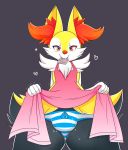  &lt;3 &lt;3_eyes 2018 anthro apron black_background blush braixen bulge bunnyonthefence canine clothed clothing condom condom_in_mouth crossdressing fur girly looking_at_viewer male mammal nikkibunn nintendo panties pok&eacute;mon pok&eacute;mon_(species) presenting red_eyes seductive simple_background smile solo sweat underwear video_games white_fur yellow_fur 