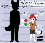 2013 5_toes absurd_res age_difference anthro arctic_fox barefoot biped black_fur canine character_name child clothed clothing cub directional_arrow duo english_text feet fennec footwear fox fur green_eyes hair hand_on_hip hi_res hybrid larger_male looking_at_viewer male mammal model_sheet multicolored_fur older_male pants red_hair shirt shoes shorts simple_background size_difference smaller_male smile solo_focus standing text toes two_tone_fur white_fur winter_nicolau winterfox young younger_male 