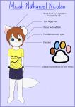  2017 4_toes amber_eyes anthro arctic_fox barefoot biped black_fur black_nose blue_background blue_border blue_eyes brown_hair canine character_name child clothed clothing cub english_text feet fennec fox freckles fur hair heterochromia hi_res hybrid looking_at_viewer male mammal micah_nicolau model_sheet pawprint shirt shorts simple_background smile solo standing text toes white_fur winterfox young 