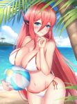  azur_lane ball bangs beach beachball bikini blue_eyes blue_sky blush breasts chinese_commentary cleavage closed_mouth cloud commentary day eyebrows_visible_through_hair groin hair_between_eyes headgear highres horizon large_breasts leng_xiao long_hair looking_at_viewer navel ocean outdoors ranger_(azur_lane) red_hair sand side-tie_bikini sky smile solo swimsuit transparent very_long_hair water wet white_bikini 