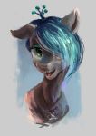  2018 alternate_hairstyle bust_portrait changeling crown cute digital_media_(artwork) digital_painting_(artwork) equine eyelashes eyeshadow fangs female feral floppy_ears friendship_is_magic green_eyes grey_background hair hair_over_eye looking_at_viewer makeup mammal mascara my_little_pony open_mouth open_smile plainoasis portrait queen_chrysalis_(mlp) short_hair simple_background smile solo teal_hair tongue 