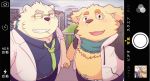  2018 anthro bear belly blush canine clothed clothing cusith dog duo eyewear glasses hand_holding i_0rai japanese_text male mammal one_eye_closed overweight overweight_male pants polar_bear rave_(housamo) scarf shirt smoking text tokyo_afterschool_summoners wink 