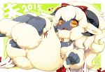  &lt;3 2015 anthro bow breasts butt caprine digital_media_(artwork) female fluffy fur grey_skin hooves horn japanese_text kemono kishibe legs_raised looking_at_viewer lying mammal on_back open_mouth orange_eyes sheep solo text tongue translation_request white_fur 