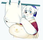  anthro apron bandanna bear big_breasts black_nose blue_eyes breasts clothing couvert_(kishibe) digital_media_(artwork) fangs female fluffy fur hair inner_ear_fluff kemono kishibe long_hair looking_at_viewer mammal open_mouth pawpads paws polar_bear shirt simple_background solo standing tongue white_background white_fur white_hair 