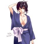  belt black_hair blue_kimono blush breasts brown_eyes commentary dated hand_behind_head japanese_clothes kaga_(kantai_collection) kantai_collection kimono kurage1 large_breasts long_hair looking_at_viewer no_bra open_mouth side_ponytail simple_background solo twitter_username white_background 