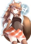  absurdres animal_ear_fluff animal_ears brown_gloves brown_hair brown_legwear commentary dhole_(kemono_friends) dog_ears dog_tail elbow_gloves extra_ears eyebrows_visible_through_hair fur_collar gloves highres japari_symbol kanzakietc kemono_friends long_hair looking_at_viewer open_mouth plaid plaid_skirt pleated_skirt skirt solo tail thighhighs 