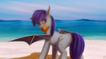  2018 ambiguous_gender bat_pony beach cutie_mark fan_character feral hair heterochromia hi_res looking_at_viewer mango my_little_pony outside quvr seaside shadow solo spread_wings water wings 