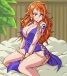  1girl bare_arms bare_shoulders blue_dress bracelet breasts brown_eyes cleavage curvy dress earring earrings jewelry large_breasts legs long_hair nami_(one_piece) one_piece orange_hair parted_lips sitting smile solo tagme tattoo thick_thighs thighs tree 