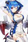  ahoge armpits arms_up azur_lane bangs bare_shoulders blue_hair blush boots breasts cleavage clothes_writing commentary dress elbow_gloves eyebrows_visible_through_hair flying_heart garter_straps gijang gloves gradient gradient_background hair_between_eyes hair_ornament hand_behind_head high_heel_boots high_heels kneeling large_breasts long_hair looking_at_viewer machinery one_eye_closed open_mouth purple_eyes ribbon rigging rudder_shoes short_dress sidelocks simple_background skindentation solo st._louis_(azur_lane) thighhighs white_gloves white_legwear 