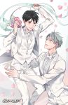  artist_name black_hair blue_eyes bouquet brown_eyes couple eyebrows_visible_through_hair fingernails flower formal gearous grey_background grey_hair half-closed_eyes highres husband_and_husband jewelry katsuki_yuuri light_smile looking_at_another looking_down looking_up male_focus multiple_boys necktie petals pink_flower pink_rose purple_flower ribbon ring rose short_hair simple_background smile suit teeth vest viktor_nikiforov wedding wedding_ring white_background white_flower white_suit yaoi yellow_flower yuri!!!_on_ice 