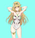  alternate_costume athenawyrm bare_shoulders blonde_hair blush breasts cleavage hikari_(xenoblade_2) large_breasts long_hair looking_at_viewer one-piece_swimsuit simple_background solo swimsuit white_background xenoblade_(series) xenoblade_2 yellow_eyes 