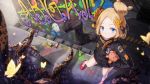  abigail_williams_(fate/grand_order) bae.c bangs black_bow black_jacket blonde_hair blue_eyes bow character_name closed_mouth commentary_request fate/grand_order fate_(series) from_above graffiti hair_bow hair_bun hand_up highres jacket long_hair long_sleeves looking_at_viewer looking_up medjed object_hug orange_bow parted_bangs polka_dot polka_dot_bow red_footwear revision shoes sleeves_past_fingers sleeves_past_wrists smile solo spray_can standing stuffed_animal stuffed_toy suction_cups teddy_bear tentacles 