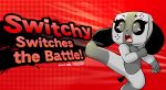  2018 4_fingers anthro canine digital_media_(artwork) dog english_text female freckles fur grey_fur hi_res inanimate_object joaoppereiraus kick mammal nintendo nintendo_switch open_mouth parody pose red_background simple_background solo standing super_smash_bros switch_dog text video_games 