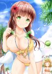  ^_^ animal areola_slip areolae ass_visible_through_thighs ball beachball bikini bird black_hairband blue_sky blush breasts brown_bikini brown_hair cleavage closed_eyes closed_mouth cloud commentary_request dated day flower gochuumon_wa_usagi_desu_ka? green_eyes hair_flower hair_ornament hairband hand_up head_tilt highres jacket kirima_sharo large_breasts layered_bikini lifted_by_self long_hair multiple_girls navel outdoors palm_tree red_flower short_sleeves sky smile solo_focus standing strap_lift swimsuit translation_request tree twitter_username ujimatsu_chiya very_long_hair white_jacket yellow_bikini zenon_(for_achieve) 