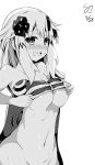  adult_neptune bare_shoulders blush bottomless breasts cleavage commentary_request d-pad d-pad_hair_ornament embarrassed from_side greyscale groin hair_ornament hood hooded_jacket jacket jacket_lift kurozero lifted_by_self long_hair looking_at_viewer medium_breasts monochrome navel neptune_(series) out-of-frame_censoring partially_unzipped shin_jigen_game_neptune_vii solo underboob 