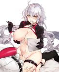 1girl ahoge angry areolae bangs bed belt bikini_removed black_choker black_footwear black_gloves black_jacket blush breasts censored chaldea_uniform choker clothed_sex cowgirl_position cropped_jacket cum cum_in_pussy eyebrows_visible_through_hair fate/grand_order fate_(series) floating_hair frown fujimaru_ritsuka_(male) girl_on_top gloves hair_between_eyes hetero highres holding holding_paper holding_pen jacket jeanne_d'arc_(alter_swimsuit_berserker) jeanne_d'arc_(fate)_(all) large_breasts long_hair looking_at_another mosaic_censoring navel nipples nose_blush on_bed open_mouth paper pen red_legwear sex shrug_(clothing) silver_hair single_thighhigh solo_focus straddling sweat thigh_grab thigh_strap thighhighs vaginal very_long_hair white_background white_jacket yellow_eyes yorei_(death0813) 