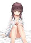  bangs bed_sheet blunt_bangs breasts brown_eyes brown_hair cleavage collarbone dress_shirt eyebrows_visible_through_hair hand_on_own_knee knees_together_feet_apart knees_up large_breasts light_smile long_hair looking_at_viewer murata_taichi naked_shirt open_clothes open_shirt original see-through shiny shiny_skin shirt sidelocks sitting solo 