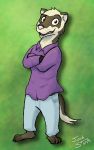  anthro clothed clothing crossed_arms digital_media_(artwork) fur green_background male mammal misfortunate-rai mustelid polecat simple_background solo teeth 