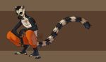  anthro black_fur clothed clothing crouching fur green_eyes lemur lilaira male mammal pants primate shirt simple_background solo tank_top white_fur ziggy_(wildering) 