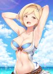  :d armpits arms_behind_head blonde_hair blue_sky blush bow breasts cloud collarbone commentary day djeeta_(granblue_fantasy) eyebrows_visible_through_hair futami_(mg42fw190d) granblue_fantasy hair_ornament hairband halterneck highres looking_at_viewer medium_breasts navel ocean open_mouth red_bow short_hair sky smile solo swimsuit teeth twitter_username wet yellow_eyes 