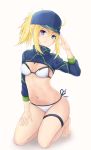  absurdres ahoge arm_up artoria_pendragon_(all) bare_legs barefoot baseball_cap bikini black_ribbon blonde_hair blue_eyes blue_hat blush breasts breasts_apart closed_mouth commentary fate/grand_order fate_(series) full_body hair_through_headwear hand_on_own_thigh hat head_tilt high_collar highres hosh kneeling long_hair long_sleeves looking_at_viewer medium_breasts mysterious_heroine_xx_(foreigner) navel ribbon salute shrug_(clothing) side-tie_bikini sidelocks simple_background smile solo swimsuit symbol_commentary thigh_strap thighhighs white_background white_bikini 