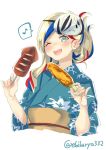  alternate_hairstyle blonde_hair blue_eyes blue_hair blush breasts commandant_teste_(kantai_collection) corn ebifurya eyebrows_visible_through_hair food highres ikayaki japanese_clothes kantai_collection kimono long_hair looking_at_viewer mask mask_on_head multicolored_hair musical_note nail_polish obi one_eye_closed open_mouth red_hair sash seaplane_tender_water_hime simple_background smile solo spoken_musical_note squid white_background yukata 