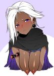  :3 areolae armlet asymmetrical_hair black_cloak blush breasts cloak closed_mouth commentary_request dark_skin earrings esouko final_fantasy final_fantasy_iv final_fantasy_iv_the_after genderswap genderswap_(mtf) golbeza head_tilt highres jewelry large_breasts long_hair nipples puffy_nipples purple_eyes sagging_breasts straight_hair upper_body white_hair 