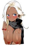  areolae armlet asymmetrical_hair black_cloak blue_eyes breasts cloak closed_mouth commentary_request dark_skin earrings esouko final_fantasy final_fantasy_iv final_fantasy_iv_the_after genderswap genderswap_(mtf) golbeza highres jewelry large_breasts lips long_hair nipples pink_lips puffy_nipples sagging_breasts simple_background solo straight_hair upper_body very_dark_skin white_background white_hair 