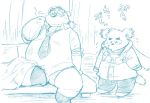  2018 anthro bear belly canine clothing cusith dog duo eyes_closed eyewear glasses japanese_text male mammal overweight overweight_male pants polar_bear rave_(housamo) scarf sitting smoking text tokyo_afterschool_summoners underwear wantaro 