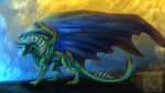  2016 ambiguous_gender blue_eyes claws digital_media_(artwork) dragon feral gelangweiltertoaster green_scales hi_res horn membranous_wings scales scalie solo spines standing western_dragon wings 