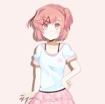  arm_at_side artist_name casual chocomiru collarbone commentary doki_doki_literature_club english_commentary eyebrows_visible_through_hair eyes_visible_through_hair hair_ribbon hand_on_hip looking_at_viewer natsuki_(doki_doki_literature_club) pink_background pink_eyes pink_hair pink_skirt red_ribbon ribbon shirt short_hair short_sleeves simple_background skirt smile solo two_side_up white_shirt 