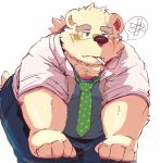  2017 anthro bear bhtoss blush clothing eyewear fur glasses hi_res male mammal necktie pants polar_bear rave_(housamo) shirt simple_background smoking solo tokyo_afterschool_summoners white_background white_fur 