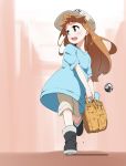  :d bag black_footwear blue_shirt boots brown_eyes brown_hair commentary_request eyebrows_visible_through_hair hat hataraku_saibou holding holding_bag long_hair looking_to_the_side open_mouth oversized_clothes oversized_shirt platelet_(hataraku_saibou) shirt short_sleeves shorts smile solo t-shirt tabata_hisayuki walking white_hat 