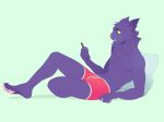  anthro blue_fur bulge cat clothed clothing feline fur mammal one_(hexperiment) patto phone pillow simple_background sitting smile solo texting topless underwear 